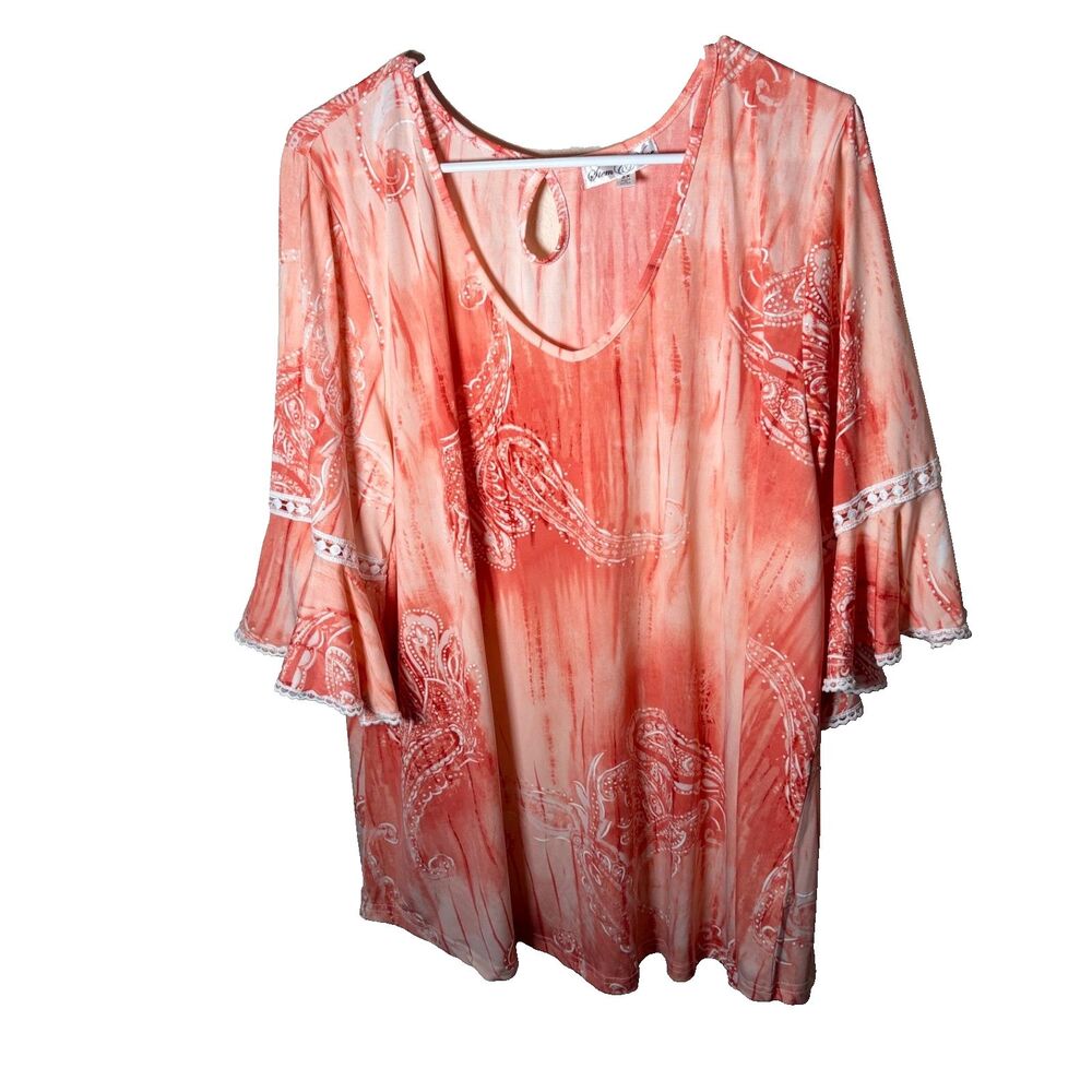 Stem & Vine Blouse Women's 2X V-Neck 3/4 Sleeve Watercolor Artsy Top Shirt
